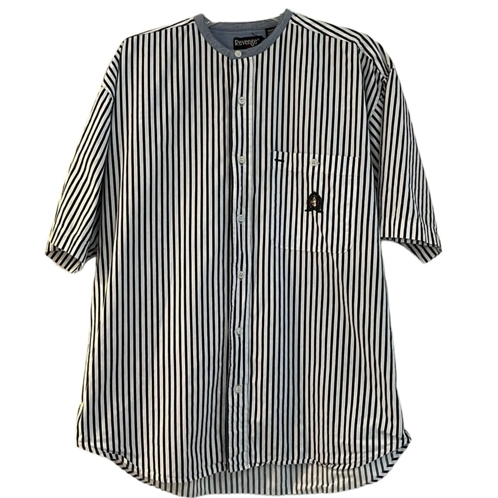 VTG REVENGE SHIRTMAKERS COLLARLESS STRIPED BUTTON DOWN SHIRT BLK WHT BLU SIZE M